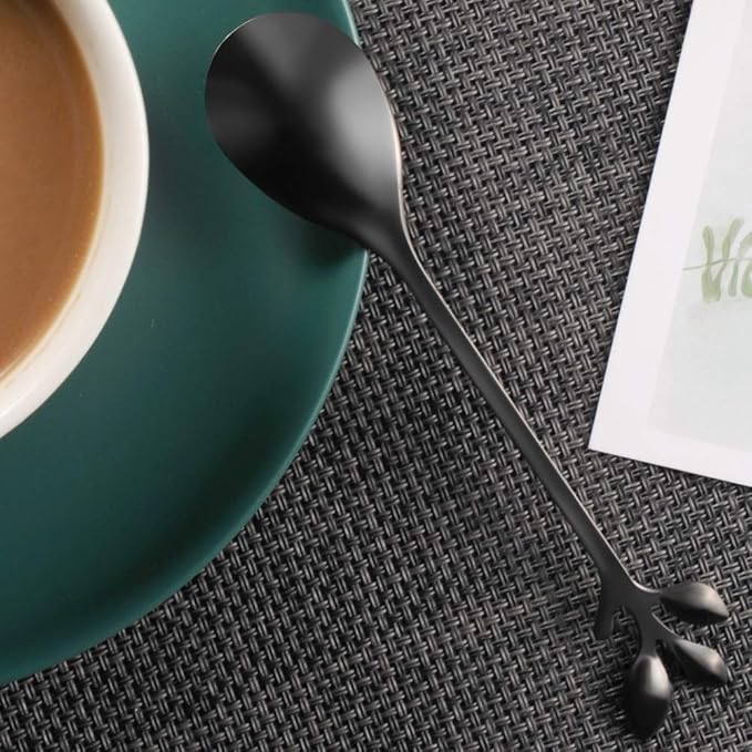 AnSaw Elegant Black Leaf Coffee Spoons - 10-Piece, 4.7" Mini Stainless Steel Espresso & Dessert Tea Spoons, Perfect for Demitasse & Small Servings - Image 7