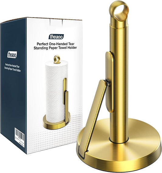 theaoo Heavy-Duty Stainless Steel Paper Towel Holder with Tension Arm – Easy One-Handed Tear, Modern Standing Countertop Dispenser for Kitchen, Holds All Paper Towel Rolls (1, Gold) by theaoo