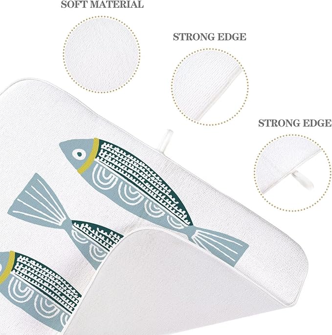 Coastal Dish Drying Mat 18 x 24 inch Beach Blue Fish Print Decorative Drying Mats Microfiber Absorbent Ocean Dish Washable Draining Mat for Kitchen Counter Decor