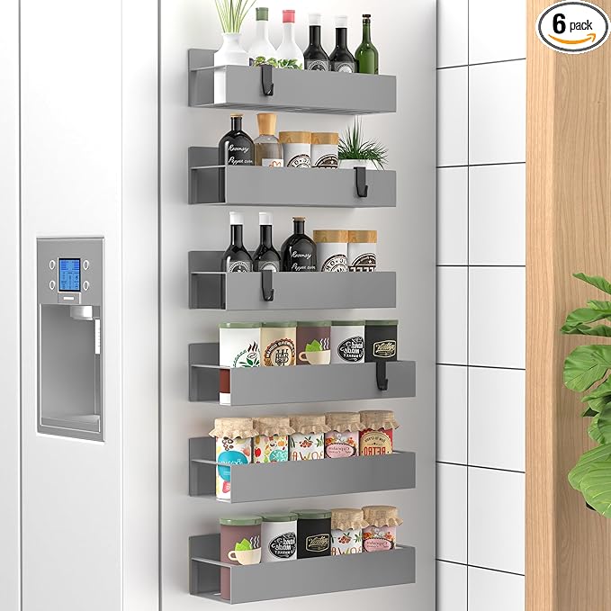 HuggieGems 6 Pack Magnetic Spice Storage Rack Organizer for Refrigerator and Oven, Gray Fridge Organizers and Storage by HuggieGems