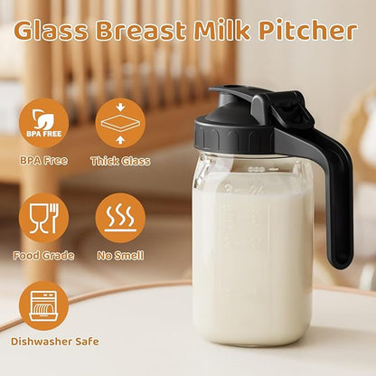 Breast Milk Pitcher, Mason Jar 32 oz, Wide Mouth Jar with Green Flip Cap Lid and Pour Spout, Heavy Duty Airtight Seal for Freshness and Convenience, Great for Cold Beverages and Home Entertaining - Image 5