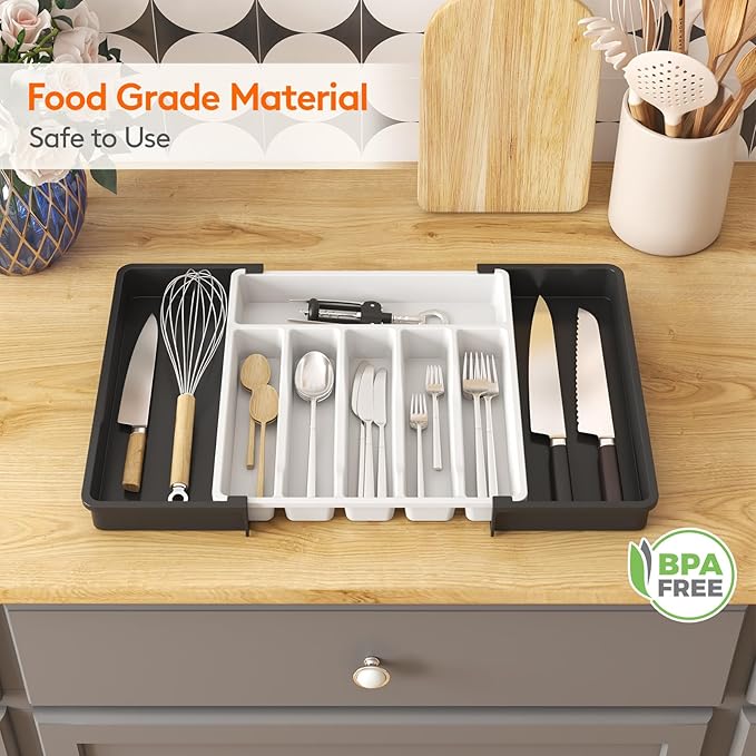 Lifewit Silverware Drawer Organizer, Expandable Utensil Tray for Kitchen, BPA Free Flatware and Cutlery Holder, Adjustable Plastic Storage for Spoons Forks Knives, 13-22 x 15", White&Black - Image 7