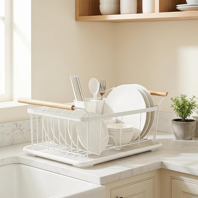 Dish Racks for Kitchen Counter, Thickened Metal Dish Drying Rack with Wooden Handles, Kitchen Countertop Organizer for Dishes, Spoons and Forks, No Assembly, White, 18.7''*12.6''*5.51'' - Image 4