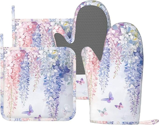 Oven Mitts and Pot Holders Botanical Flower Butterfly Silicone Kitchen Accessories Set of 4 Heat Resistant Long Gloves Potholder Non-Slip Grip for Chef Cooking Baking Grilling BBQ