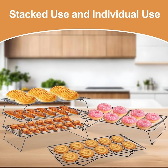 Cooling Rack for Baking 3 Tiers, 16" x 10" Cookie Cooling Wire Rack Stackable Collapsible Nonstick, Stainless Steel Baking Cooking Cooling Racks with Optimum Air Flow, Black - Image 7