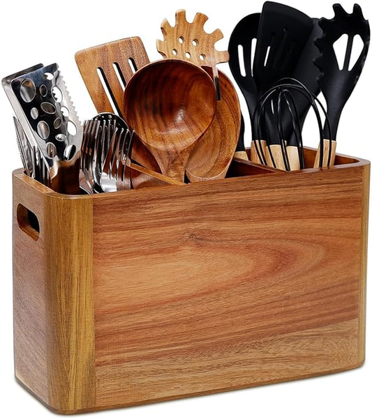 Wooden Kitchen Utensil Holder Organizer for Counter or Countertop, Large Wooden Utensil Holder for Storage Cooking and Silverware with 3 Compartment, Acacia Rustic Wood Container Extra Large by Brightdeer