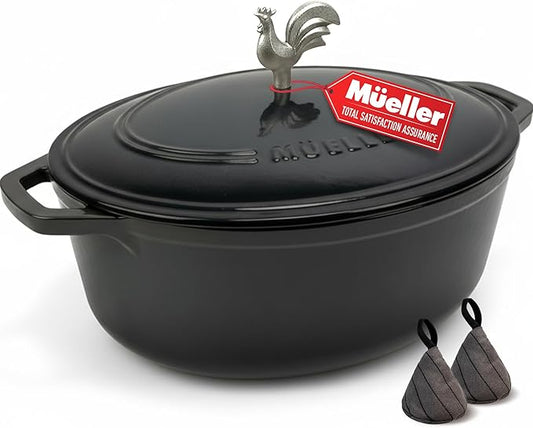 MUELLER HOME 5.5 Quart Enameled Cast Iron Oval Dutch Oven with Rooster Knob & Cotton Potholders, Heavy-Duty Cookware, Oven-Safe up to 500° F & Across All Cooktops, Gifts for Grandma & Women, Black by MUELLERHOME