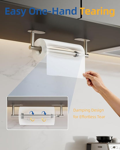 RUACQ Paper Towel Holder Under Cabinet, One Hand Tearing Paper Towel Holder with Damping Effect, Wall Mount & Adhesive Stainless Steel Paper Roll Holder for Kitchen Bathroom (Brushed Nickel)
