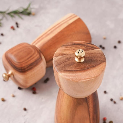 Salt and Pepper Grinder Set with Tray, Adjustable Ceramic Grinder Salt Mill, Stainless Steel Grinder Pepper Mill, Acacia Wood, 5 inch /14cm Height, Bottom Dia 2.36inch/6cm (Tray is Included)