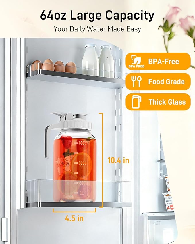 64 oz Glass Pitcher with Lid, Large Wide Mouth Mason Jar with Pour Spout, White Sun Tea Glass Jar for Outside, Breastmilk Pitcher Great for Drink, Cold Beverages and Breast Milk - Image 2