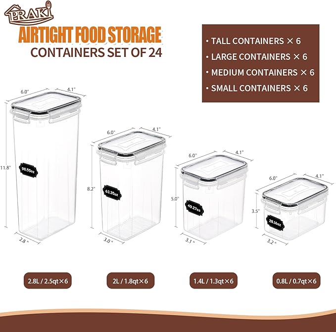 PRAKI Airtight Food Storage Containers Set with Lids - 24 PCS, BPA Free Kitchen and Pantry Organization, Plastic Leak-proof Canisters for Cereal Flour & Sugar - Labels & Marker(Grey) - Image 2