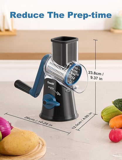 Geedel Rotary Cheese Grater Cheese Shredder - Upgraded 5-in-1 Cheese Grater with Handle and Strong Suction Base, Multi-purpose Vegetable Slicer Ice Shaver Nuts Grinder for Ice, Vegetables, Fruit, Nuts - Image 5