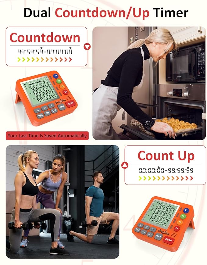 Digital Kitchen Timer for Cooking - 4 Channel Count Up Countdown Timer with Loud Alarm and Silent Mode, Large Display, Magnetic Back, Auto Memory for Classroom Study Gym, Battery Included (Orange) - Image 6