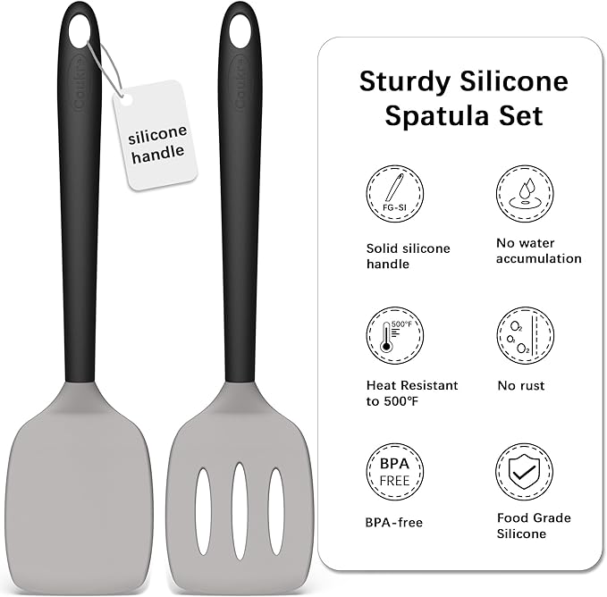 Coukre 2 Pack Silicone Spatula Set, High Heat Resistant, BPA Free Kitchen Spatula, Solid & Slotted Turner for Non-Stick Pans, Sautéing, and Flipping (2, Gray) - Image 2