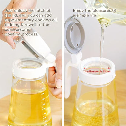 Auto Flip Glass Olive Oil Dispenser, Clear Glass Bottle with Scale, Dispenser for Kitchen, Olive Oil Cruet | 29oz