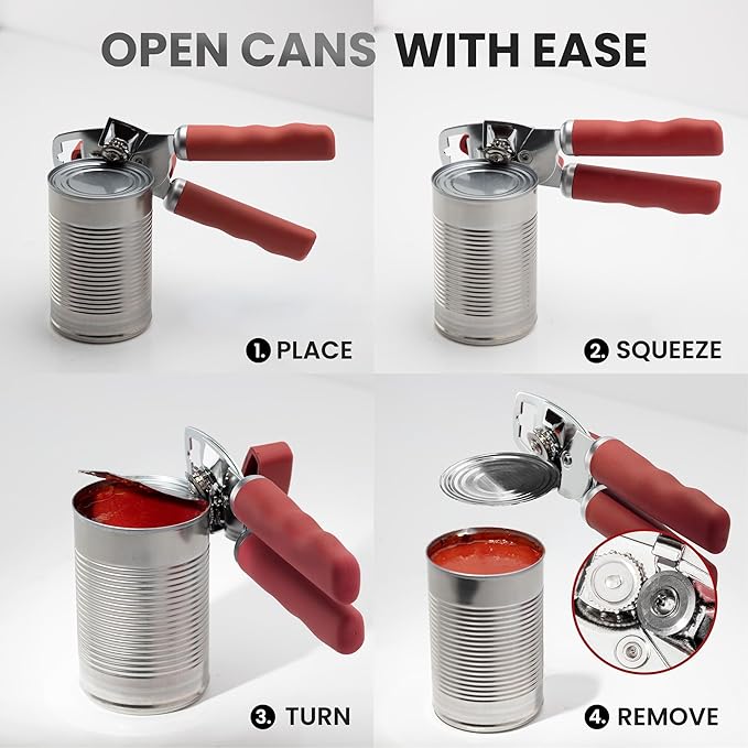 Zulay Kitchen Heavy Duty Stainless Steel Can Opener Manual with Bottle Opener - Rust Proof Manual Can Opener With Turn Knob & Comfy Soft Grip Handles - Red - Image 6
