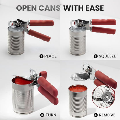 Zulay Kitchen Heavy Duty Stainless Steel Can Opener Manual with Bottle Opener - Rust Proof Manual Can Opener With Turn Knob & Comfy Soft Grip Handles - Red - Image 6