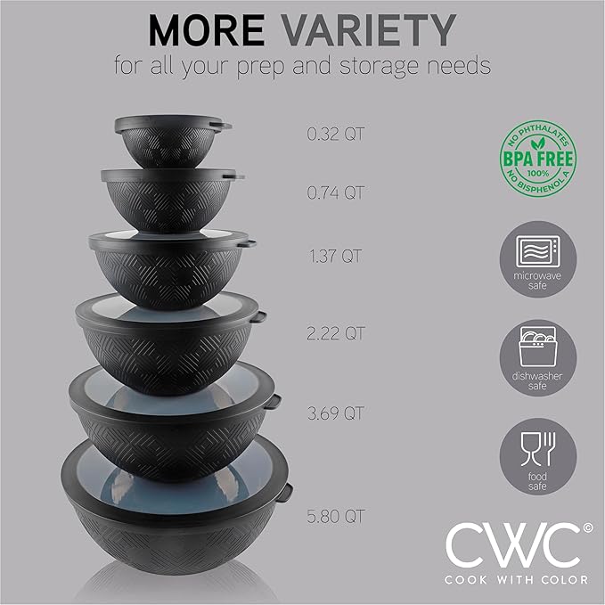 COOK WITH COLOR Mixing Bowls with Lids - 12 Piece Plastic Nesting Bowls Set includes 6 Prep Bowls and 6 Lids, Microwave Safe Mixing Bowl Set, Black Rhombus - Image 2