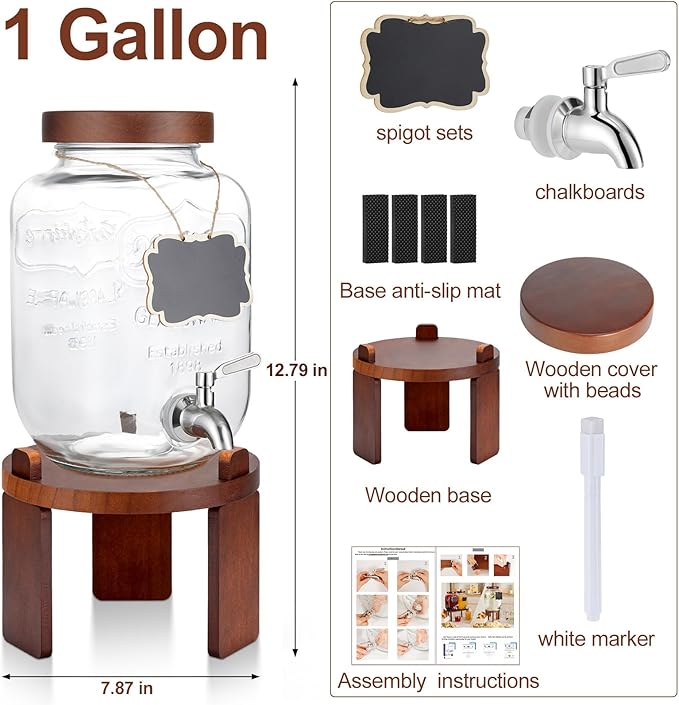1 Gallon Drink Dispenser for Parties,Glass Beverage Dispenser with Stand,Water Dispenser with 18/8 Stainless Steel Spigot,Lemonade Stand Dispenser for Fridge,Juice,Punch,Cocktails,Ice Tea & Sun Tea - Image 2