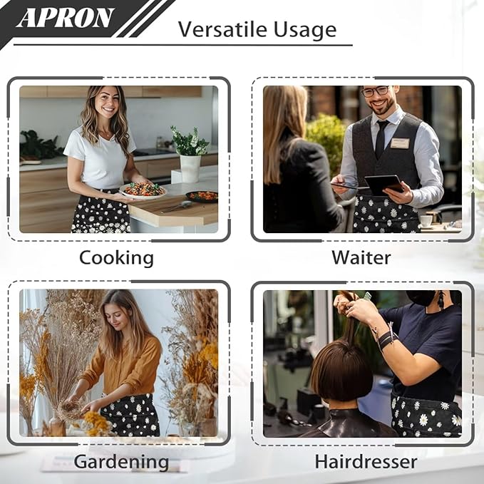 Server Apron with 3 Pockets, Waterproof Oil Waitress Waiter Half Apron for Restaurant Hotel Kitchen Cafe