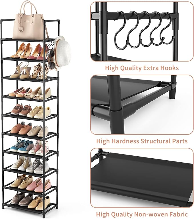 LANTEFUL 10 Tiers Tall Shoe Rack 20-25 Pairs Boots Organizer Storage Sturdy Narrow Shoe Shelf for Entryway, Closets with Hooks, Black - Image 4