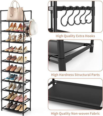 LANTEFUL 10 Tiers Tall Shoe Rack 20-25 Pairs Boots Organizer Storage Sturdy Narrow Shoe Shelf for Entryway, Closets with Hooks, Black - Image 4