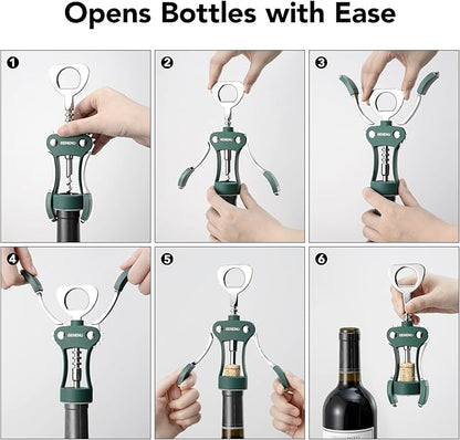 Beneno Wine Opener, Zinc Alloy Premium Wing Corkscrew with Multifunctional Bottles Opener, Sharp Wine Corkscrew with Ergonomic Non-Slip Wing Handle, Dark Green - Image 5