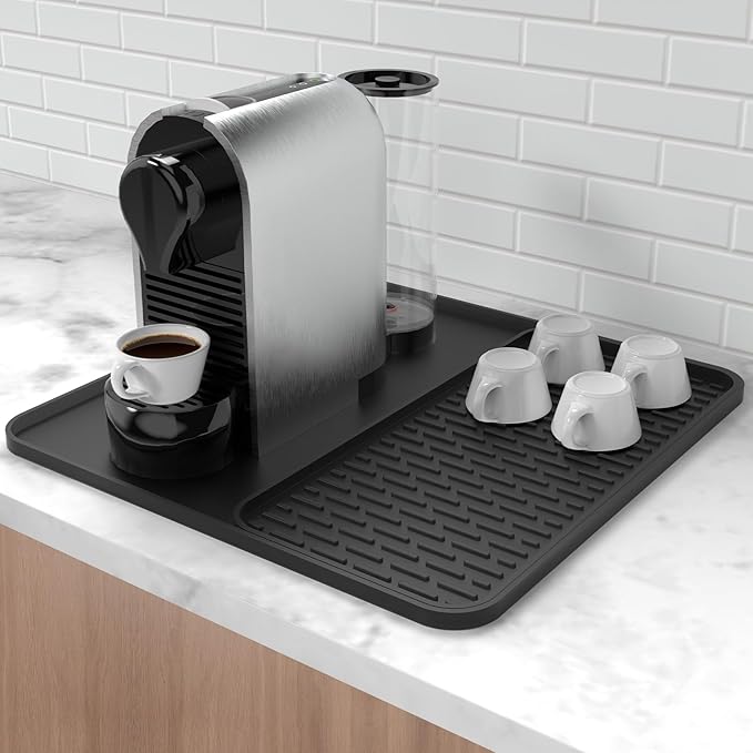 Silicone Coffee Mat,16''x16'' Coffee Bar Mat with Detachable Dish Drying Mat for Kitchen Countertops,Coffee Bar Accessories Fit Under Coffee Maker Coffee Machine Coffee Pot Espresso Machine Dish Rack by Garolue