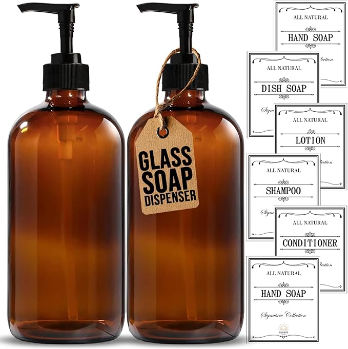 Sunrise Premium, 16 OZ Thick Amber Glass Soap Dispenser with Pump 2 Pack, Hand and Dish Soap Dispenser Set for Bathroom with 6 Waterproof Labels by SunrisePremium