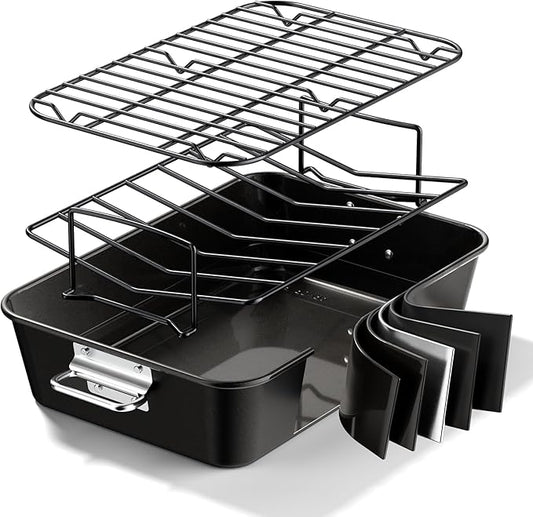 Turkey Roasting Pan with Rack Non stick Carbon Steel Roaster 16x11 Inch, Dishwasher Safe, Deep Baking Broiler Pan for Oven Chicken, Bacon, Black
