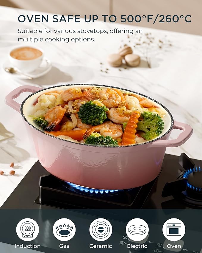 Enameled Cast Iron Dutch Oven - 9.3QT Dutch Oven Pot with Lid & Cotton Potholders - Heavy-Duty Non Stick Casserole Pot for Braising, Stews, Roasting, Baking, Suitable for All Stovetops, Gentle Pink - Image 6