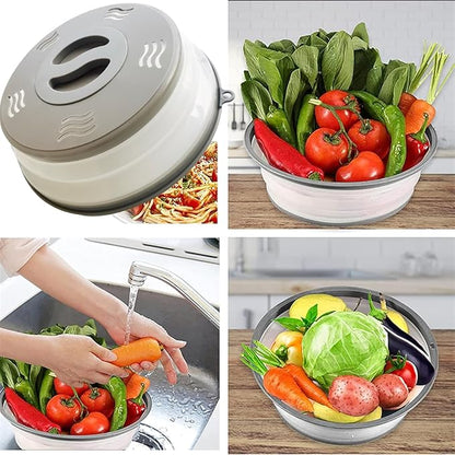 Microwave Splatter Cover Vented for Food, Splatter Guard & Colander Kitchen Gadget for Fruit Vegetables Microwave Plate Cover with Hook Hole,Dishwasher-Safe,BPA-Free Silicone & Plastic (Grey)