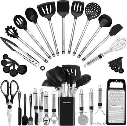 Kitchen Utensil Set-Silicone Cooking Utensils-33 Kitchen Gadgets & Spoons for Nonstick Cookware-Silicone and Stainless Steel Spatula Set-Best Kitchen Tools, Useful Pots and Pans Accessories by BESTZMWK