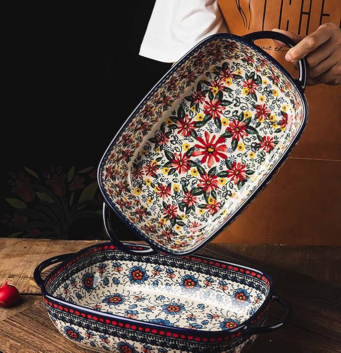 Red Daisy Flower Vintage Style Ceramic Bakeware Casserole Dish Baking Pan Lasagna Pans Baking Dish with Handles for Oven/Cooking/Kitchen-1 PCS, 60 OZ - Image 5