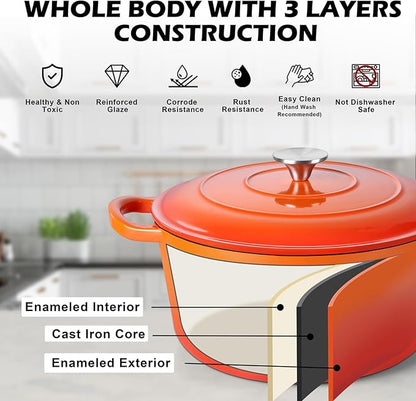 TeamFar Enameled Cast Iron Dutch Oven, 6QT Nonstick Dutch Oven Pot with Lid & Dual Handles for Bread Baking Braising Simmer Roasting, Non Toxic & Heavy Duty, Multi Stoves & Oven Safe - Orange - Image 4