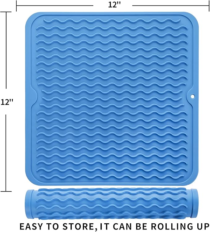 MicoYang Silicone Dish Drying Mat for Multiple Usage,Easy clean,Eco-friendly,Heat-resistant Silicone Mat for Kitchen Counter or Sink,Refrigerator or Drawer liner Lichen BlueL M 12 inches x 12 inches - Image 2