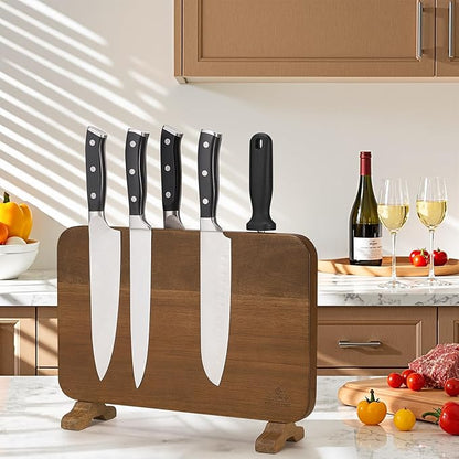 Enoking Magnetic Double-Sided Knife Block with Rotatable Stable Base, Acacia Wood Knife Holder for Countertop, Strong Magnets Safe Knife Organizer Stand, Easy to Clean Knife Storage for Home Kitchen