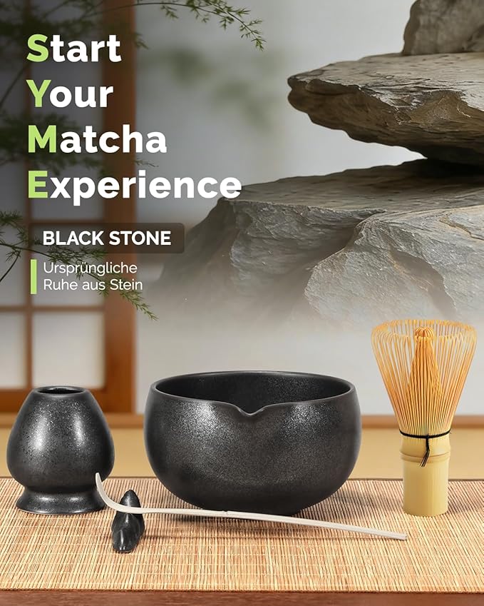 Maestri House Matcha Whisk Set, 7-Pc Complete Matcha Kit with Spouted Ceramic Bowl, Bamboo Whisk and Holder, Scoop, Spoon Rest & Sifter, Tea Cloth – Ideal Gift for Matcha Lovers (Black Stone) - Image 2