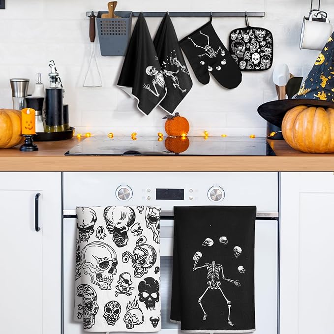 Leinuosen 8 Pcs Skull Kitchen Decor Set Kitchen Towels Gothic Oven Mitts and Pot Holders Skeleton Hand Dish Towels Horror Oven Mitts for Home Decoration Party Gifts (Black and White,Skeleton) - Image 5