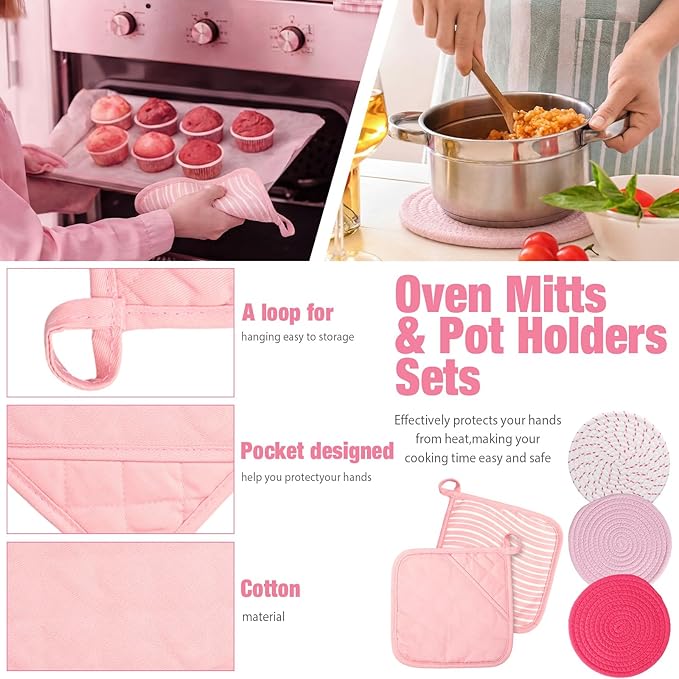 Sumind Pink Oven Mitts and Pot Holders 7 Sets, Heat Resistant Kitchen Gloves Pads Potholders for Mother Women Gifts Pot Holders Kitchen Accessories Gift(Pink White,Rubber Cotton,Stripes) - Image 5