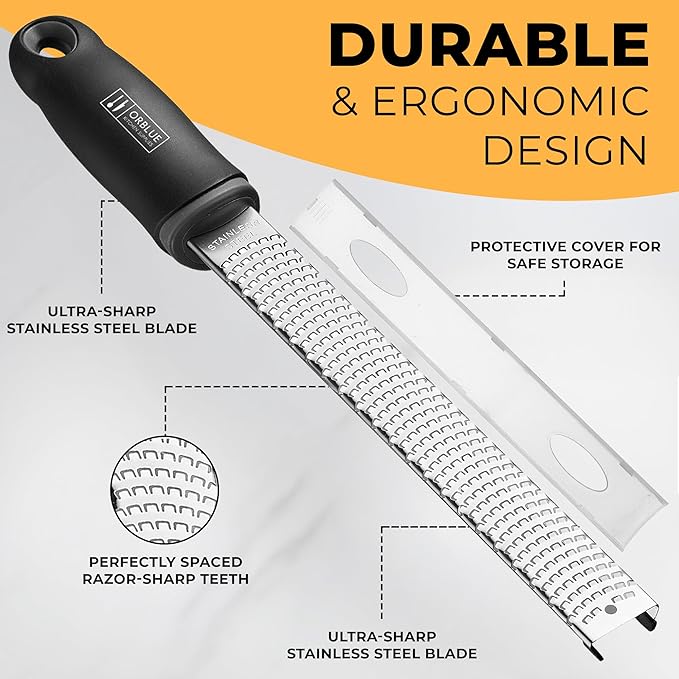 Orblue Lemon Zester & Cheese Grater - Premium Citrus Zester, Kitchen Grater for Parmesan, Chocolate, Fruits, Vegetables, Ginger, Garlic, Nutmeg - Stainless Steel Blades with Protective Cover, Black - Image 4