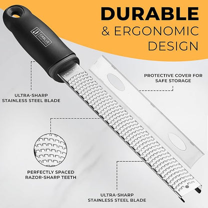 Orblue Lemon Zester & Cheese Grater - Premium Citrus Zester, Kitchen Grater for Parmesan, Chocolate, Fruits, Vegetables, Ginger, Garlic, Nutmeg - Stainless Steel Blades with Protective Cover, Black - Image 4