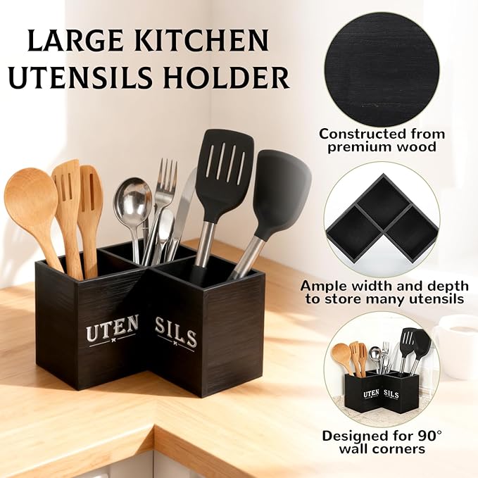 Kitchen Utensils Holder with 3 Compartments,Corner Utensil Caddy,Wooden Utensil Organizer for Countertop, Farmhouse Decor - Image 3