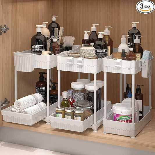 Sevenblue 3 Pack Under Sink Organizers, 2-Tier Multi-Use Kitchen and Bathroom Organizers and Storage with Sliding Drawers, Bathroom Cabinet Organizer (White, 12.8 Inch) by Sevenblue