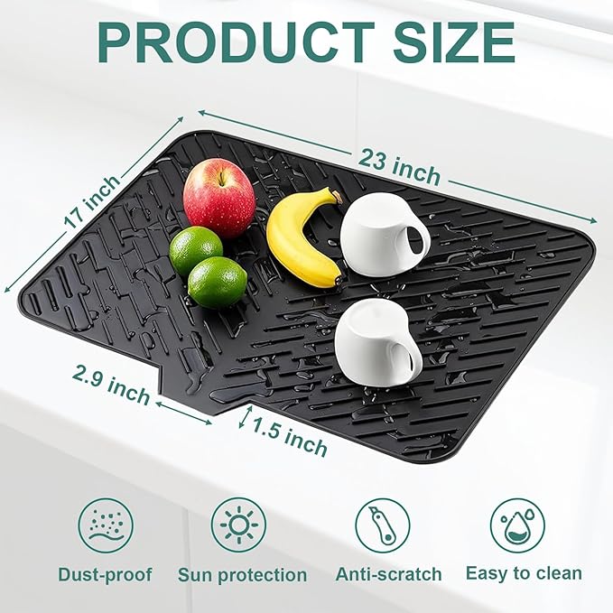 Silicone Dish Drying Mat 23x17,Food-Grade Silicone,Easy Clean Pad for Countertop Protection,Heat Resistant,Easy Clean,Non-Slip Drain Pad with Built-in Drain,Multi-Functional Use,Black - Image 3