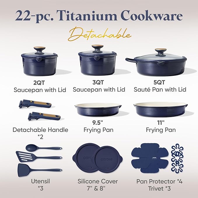 CAROTE 22Pcs Titanium Cookware Set, Pots and Pans Set Non Stick, Kitchen Cooking Set with Detachable Handle, Non Toxic Induction Cookware, Dishwasher/Oven Safe，Blue - Image 2