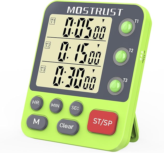 Digital Dual Kitchen Timer, 3 Channels Countdown Triple Timer for Cooking, Magnetic Memory-Preset Large-Display Adjustable Alarm Volume, Multi Times Management, 3A Battery Included, Green by MOSTRUST