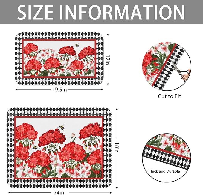 Dish Drying Mat for Kitchen Counter 2 Pack with Non-Slip Rubber Backing - Heat-Resistant Absorbent Coffee Bar Mat, Dish Rack Mat, Red Geranium Dish Drying Mats 18x24+19.5x12 inch