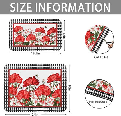 Dish Drying Mat for Kitchen Counter 2 Pack with Non-Slip Rubber Backing - Heat-Resistant Absorbent Coffee Bar Mat, Dish Rack Mat, Red Geranium Dish Drying Mats 18x24+19.5x12 inch