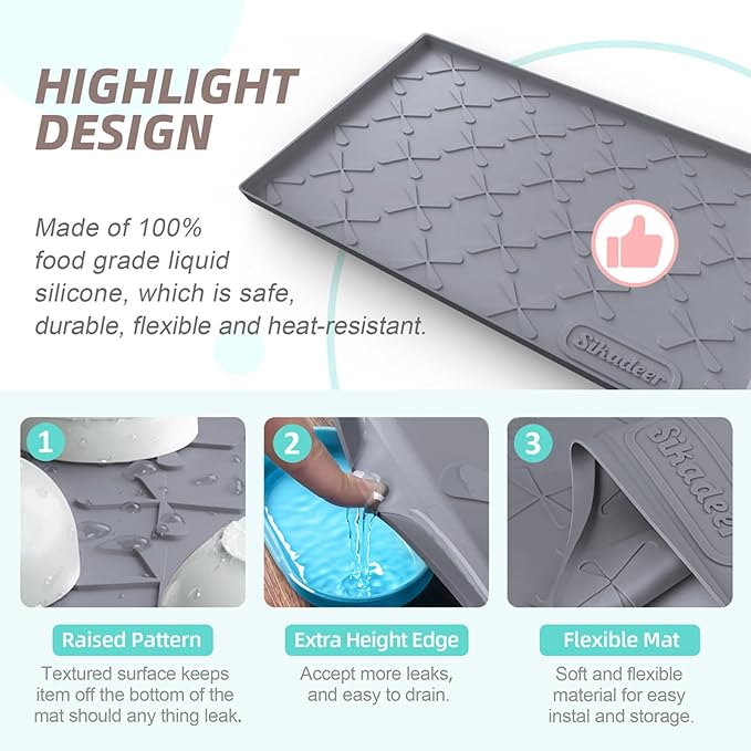 SIKADEER Waterproof Under Sink Mat 22x19, Raised Edge Silicone Mat Under Sink Shelf Liner, Sink Protector Kitchen Cabinet Tray for Bathroom Vanity and Small Cabinets, Cat Food Mat - Image 4